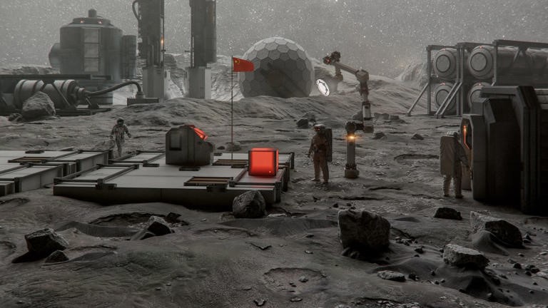 An illustration of a hypothetical <span style='color:red'><b>Chinese</b></span> moon base. China has announced a deal with Russia to build a lunar power plant by 2036.